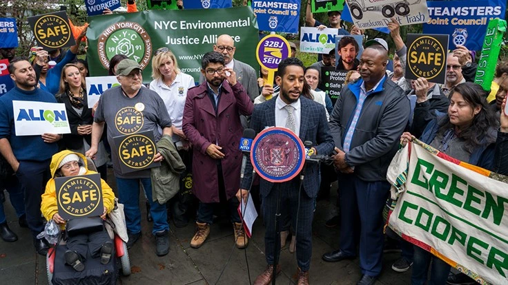 New York City Council Member Antonio Reynoso speaks at a rally before the passage of the city's Commercial Waste Zones bill Oct. 30.