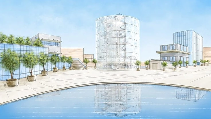 Artist rendering of the waste-to-hydrogen facility being planned by Ways2H and Ford, Bacon & Davis in Kern County, California.