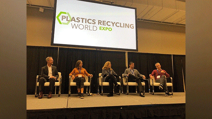 Panelists pictured from left: David Clark of Amcor, Susan Graff of Resource Recycling Systems, Tamsin Ettefagh of PureCycle, Jeremy DeBenedictis of Alterra Energy and Vytas Gruodis of Prevented Ocean Plastic