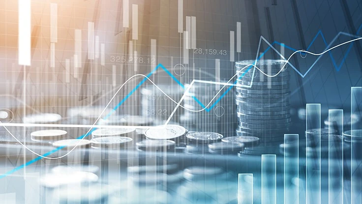 graphic art of coins and upward growing line graph