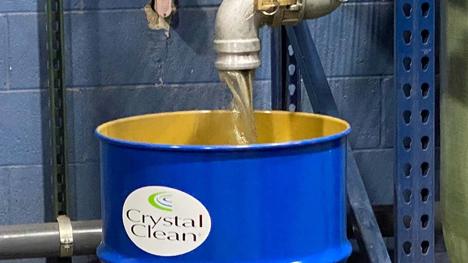 Landfill leachate filling up a blue barrel from Crystal Clean before being processed.