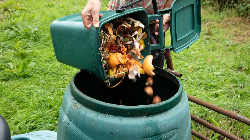 food waste being dumped into green plastic container