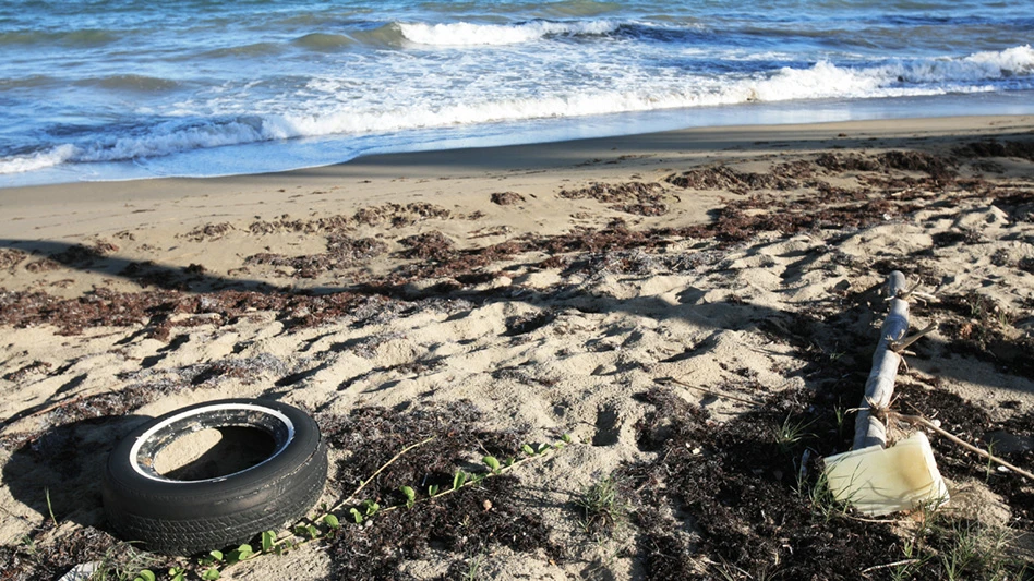 a beach with a tire, plastics and lots of seaweed