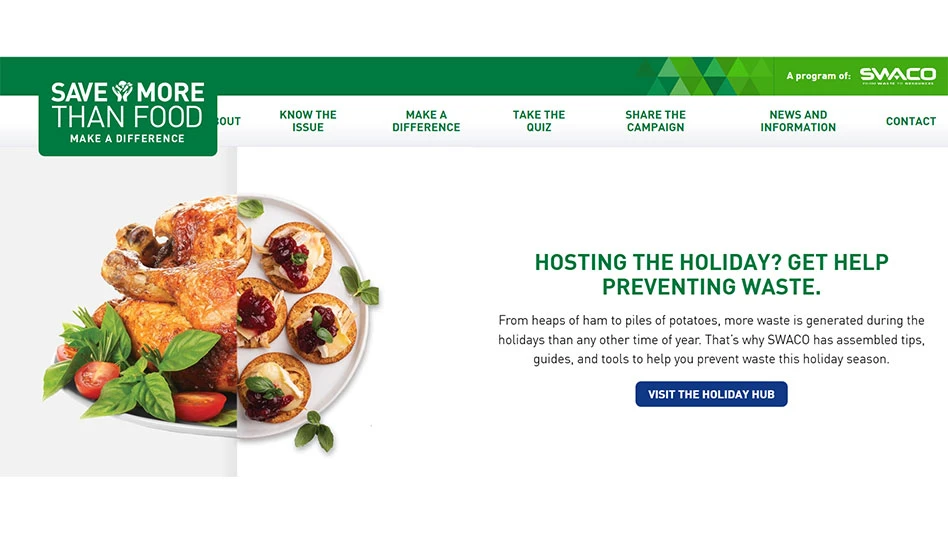 a screen capture of a website with the swaco logo an a plate that includes half a turkey and appetizers made with Thanksgiving leftovers