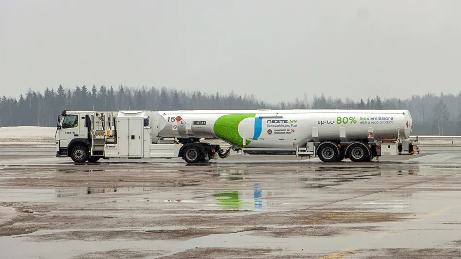 aa tanker with renewable jet fuel on runway at the snowy airport