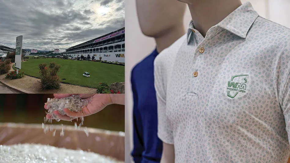 a collage of images of hte 16th hole at the WMPO, recycled Repreve PET flakes and the finishe Peter Millar shifts on mannequins