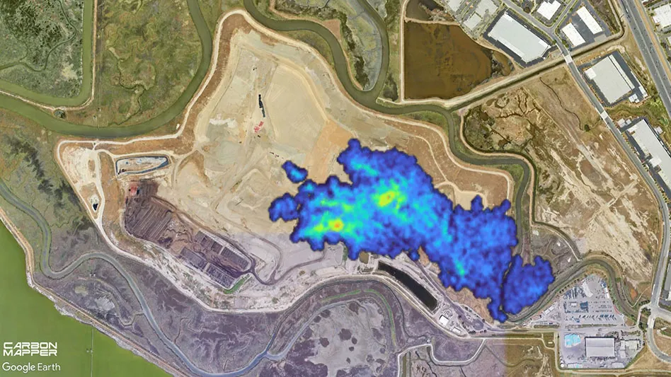 Methane plume observed by Carbon Mapper during aerial monitoring at a landfill in California.