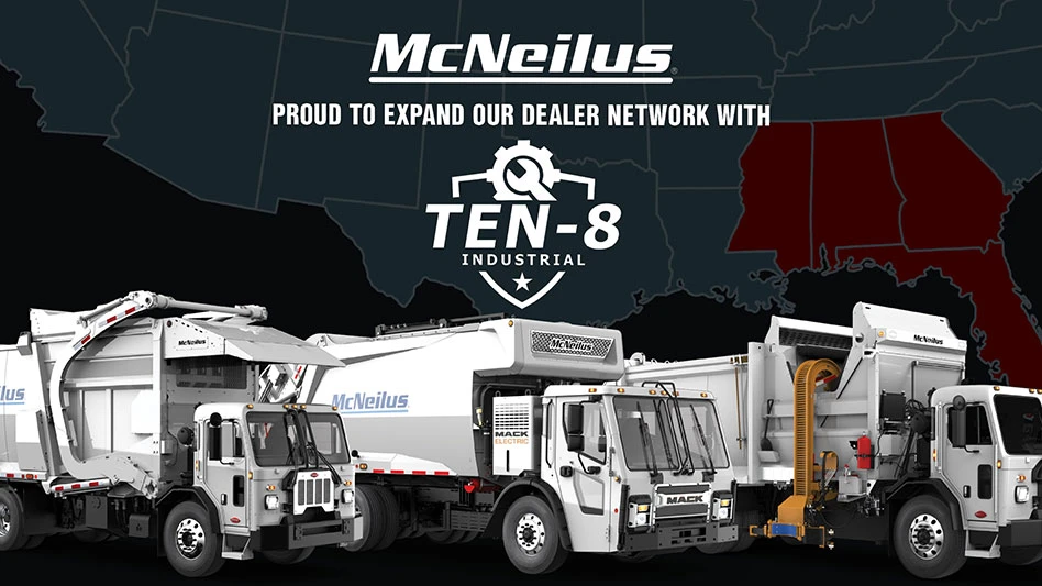 McNeilus graphic with refuse collection trucks and Ten-8 logo